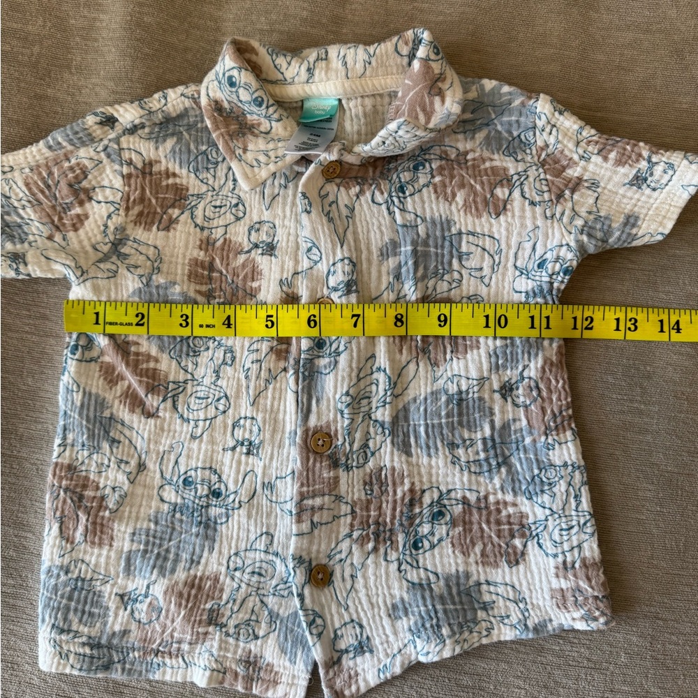 Disney Baby Stitch Button-Up Shirt 24M Blue & Tan Tropical Print Gauze Cotton - Picture 7 of 8